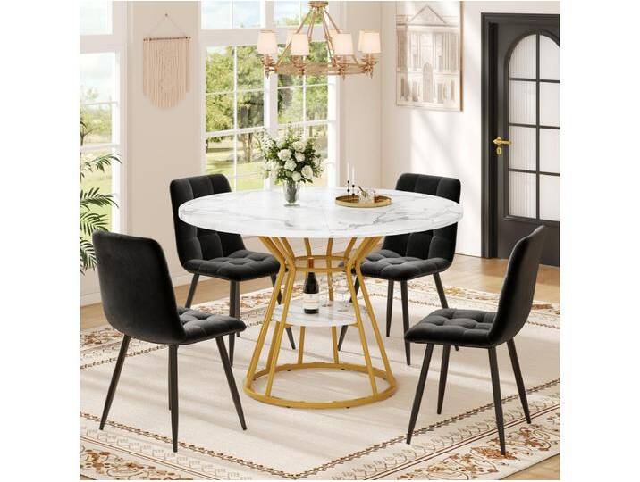 5er-Set Esstische mit Stühlen – 100 x 100 x 76 cm – 4 Samtstühle + Tisch mit goldenen Beinen – MDF + Metall – Gold von Kauf-Unique Marketplace