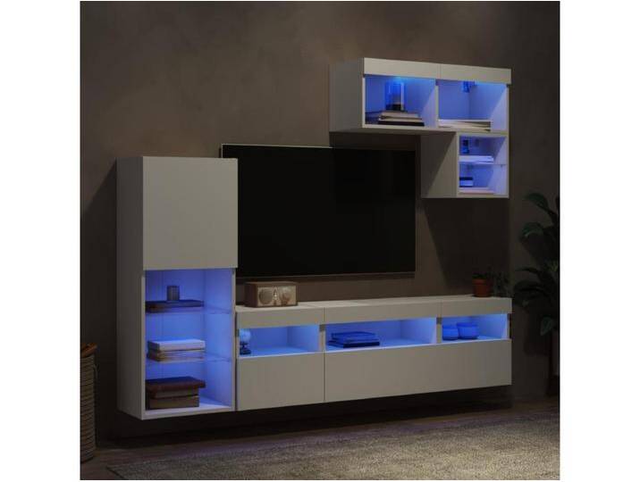 6-tlg. Wohnwand mit LED-Beleuchtung Weiß Holzwerkstoff von Kauf-Unique Marketplace