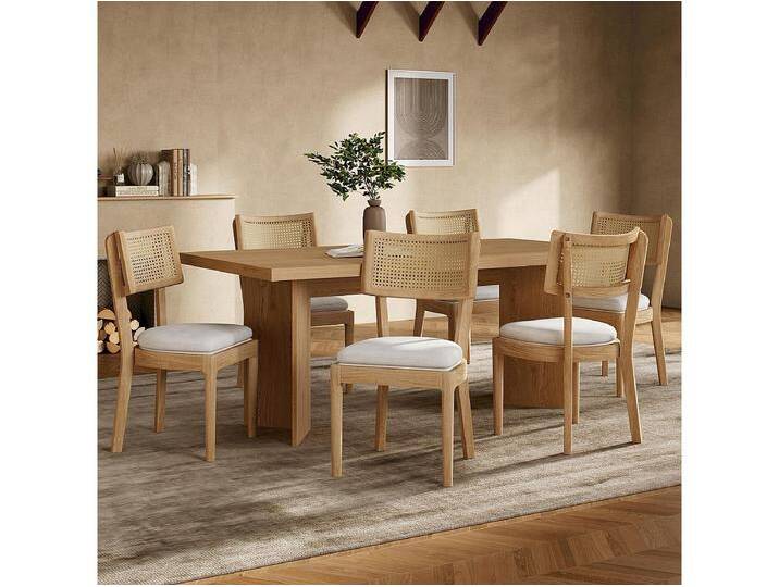 6er-Set Esszimmerstühle aus Massivholz mit Rattan-Rückenlehne - Samtkissen - 50 x 58 x 88 cm - Natur von Kauf-Unique Marketplace