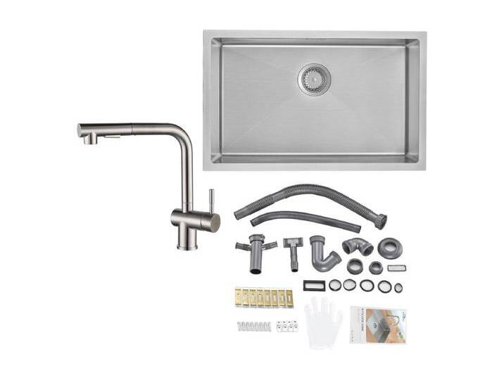 70*44*19CM Einzelbecken-Küchenspüle, Einbau-/Blumen-/Unterbauspüle, mit Siphon/Überlauf, gebürstet + Küchenarmatur, ausziehbare Brause, zwei Düsen, 360° schwenkbar von Kauf-Unique Marketplace