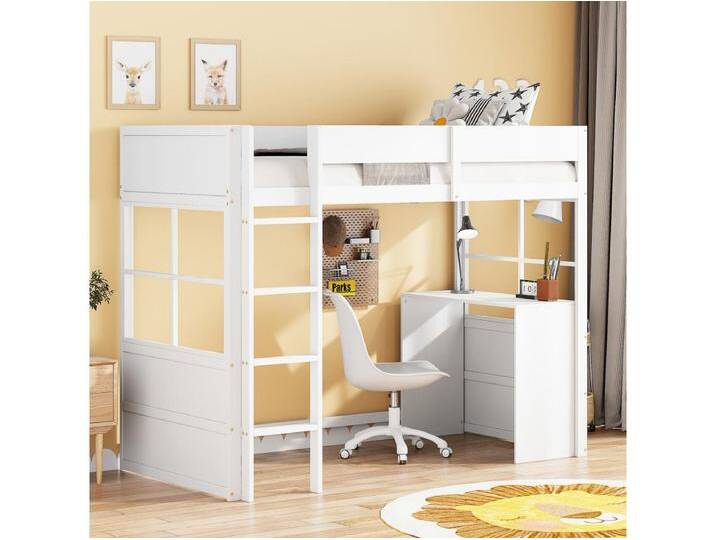90*200cm Hochbett aus Holz, Sicherheitstreppe, mit Tisch, hohes Zaundesign, Einzelbett, Babybett, weiß von Kauf-Unique Marketplace