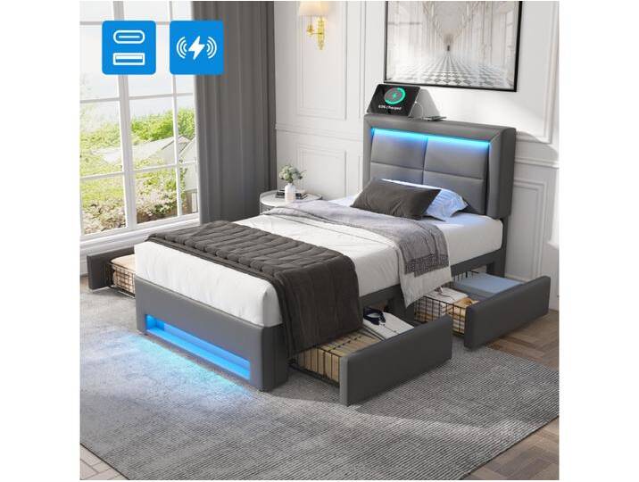 90 x 190 cm Polsterbett mit Kopfteil und 4 Schubladen - LEDs und USB-Steckdosen - PU-Leder - Grau (ohne Matratze) von Kauf-Unique Marketplace