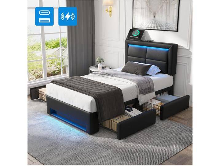 90 x 190 cm Polsterbett mit Kopfteil und 4 Schubladen - LEDs und USB-Steckdosen - PU-Leder - Schwarz (ohne Matratze) von Kauf-Unique Marketplace