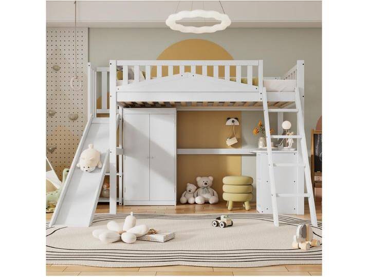90 x 200 cm Hochbett mit Rutsche, Kleiderschrank und Schreibtisch – Kiefer + MDF + Sperrholz – Lattenrost – Weiß von Kauf-Unique Marketplace