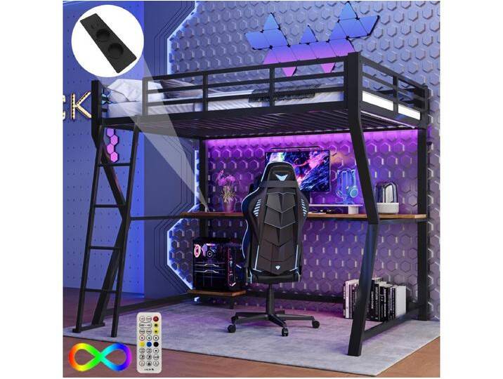 90 x 200 cm Hochbett mit Schreibtisch, Steckdose + USB und Regalen - Stimmungsvolle Beleuchtung - Metall - Schwarz (ohne Matratze) von Kauf-Unique Marketplace