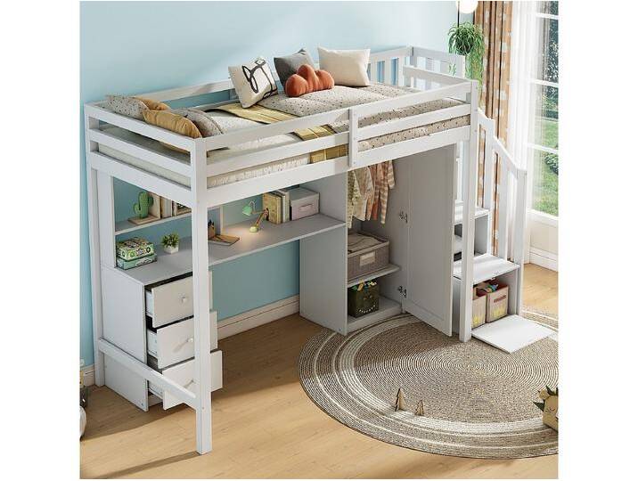 90 x 200 cm Hochbett mit Schreibtisch + 3 Schubladen und Kleiderschrank + Stauraumtreppe - Holz - Weiß 90 x 200 cm Hochbett mit Schreibtisch + 3 Schubladen und Kleiderschrank + Stauraumtreppe - Holz - Weiß von Kauf-Unique Marketplace