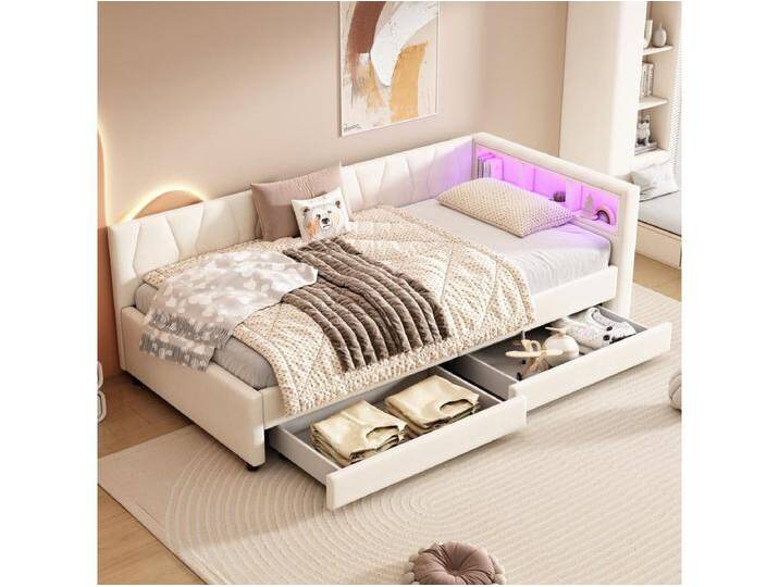 90 x 200 cm Schlafsofa, beigefarbenes Leinen, Einzelbett, LED-Beleuchtung, 2 Schubladen, USB-Anschluss – Matratze nicht enthalten von Kauf-Unique Marketplace