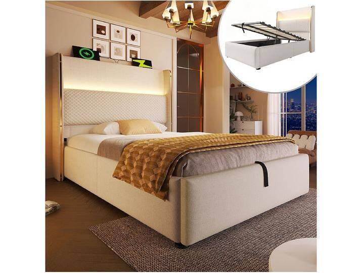 90 x 200 cm Stauraumbett – Einzelbett mit LED-Beleuchtung und USB-/Typ-C-Anschlüssen – beigefarbenes Bettlaken – Matratze nicht im Lieferumfang enthalten von Kauf-Unique Marketplace