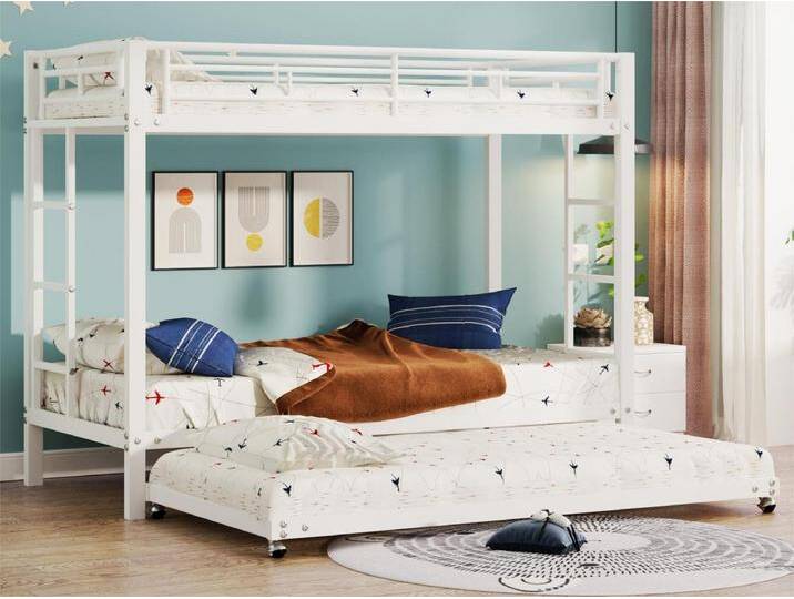 90 x 200 cm großes Etagenbett aus Metall – mit einem 90 x 190 cm großen Ausziehbett auf Rollen – Weiß von Kauf-Unique Marketplace