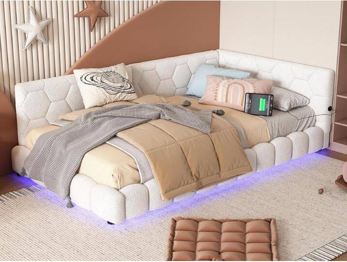 90 x 200 cm großes Schlafsofa aus Samt – mit LED und USB-Anschluss – Weiß von Kauf-Unique Marketplace