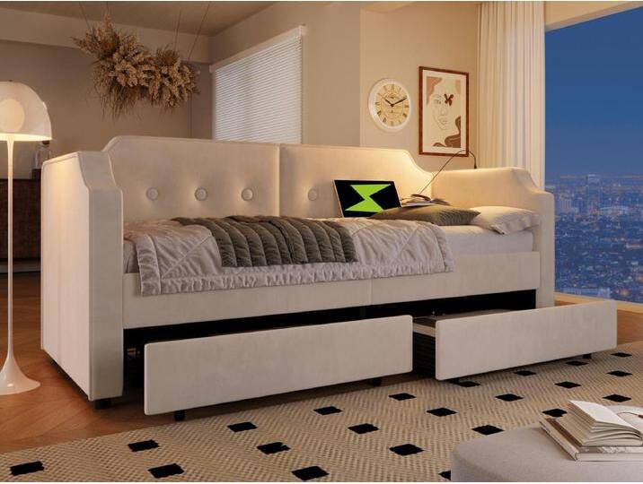 90 x 200 cm großes Schlafsofa aus Samt – mit Ladefunktion und LED – mit Lattenrost – Beige von Kauf-Unique Marketplace