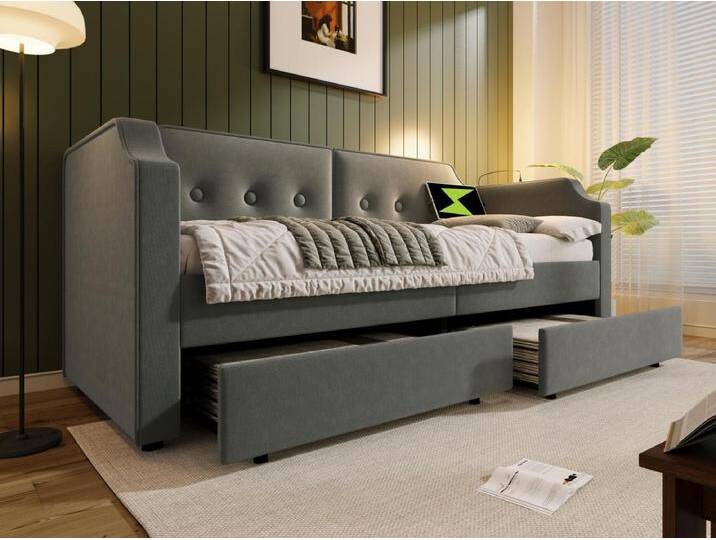 90 x 200 cm großes Schlafsofa aus Samt – mit Ladefunktion und LED – mit Lattenrost – Grau von Kauf-Unique Marketplace