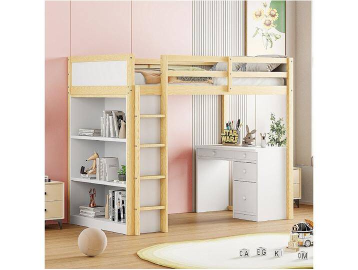 90x200 cm Hochbett aus Naturholz – Mit Stauraum und multifunktionalem Schreibtisch für Kinder von Kauf-Unique Marketplace