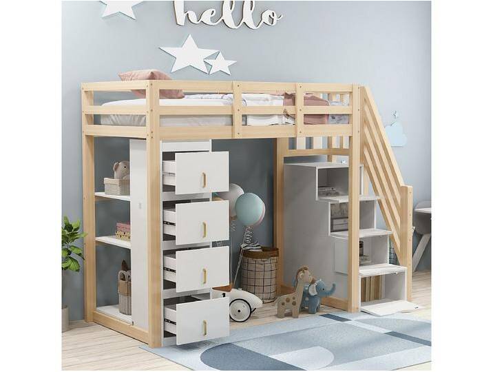 90x200 cm Hochbett mit Stauraumschubladen, mehreren Regalen, sicherer Leiter mit Schubladen, Multifunktionsbett aus Massivholz 90x200 cm Hochbett mit Stauraumschubladen, mehreren Regalen, sicherer Leiter mit Schubladen, Multifunktionsbett aus Massivholz von Kauf-Unique Marketplace