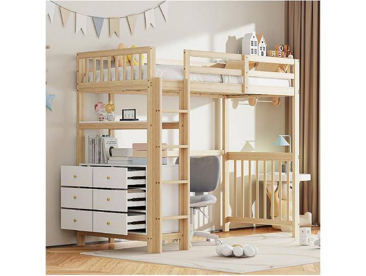 90x200 cm Hochbett mit senkrechter Leiter, Schubladen und Regalen, Ausführung mit Rausfallschutz, Kiefernrahmen, Weiß und Naturholz 90x200 cm Hochbett mit senkrechter Leiter, Schubladen und Regalen, Ausführung mit Rausfallschutz, Kiefernrahmen, Weiß und Naturholz von Kauf-Unique Marketplace