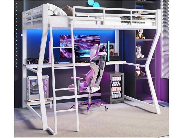 90x200cm Hochbett mit LED und Steckdosen - Schreibtisch + Treppe - Weiß von Kauf-Unique Marketplace