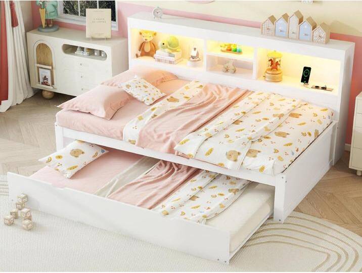 90x200cm Tagesbett mit 90x190cm Ausziehbett - Nachttisch mit Stauraum, LED und Steckdosen - Weiß von Kauf-Unique Marketplace