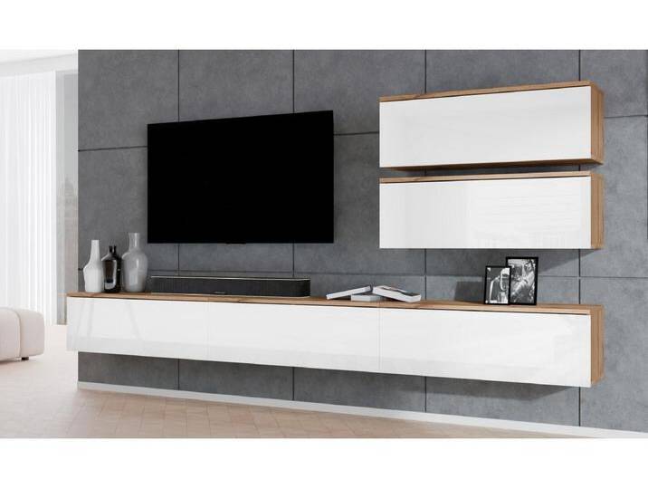 AX LIVING Anbauwand Loriano V Wohnwand Eiche Wotan/weiß Hochglanz 500 von Kauf-Unique Marketplace