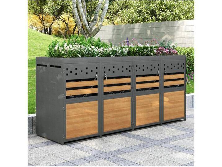 Abdeckung für Mülleimer - 4x240L - Tür dunkel mit Holzoptik - Verschließbar - Edelstahl - mit Lüftungslöchern - eingebaute Blumentopf - gri von Kauf-Unique Marketplace
