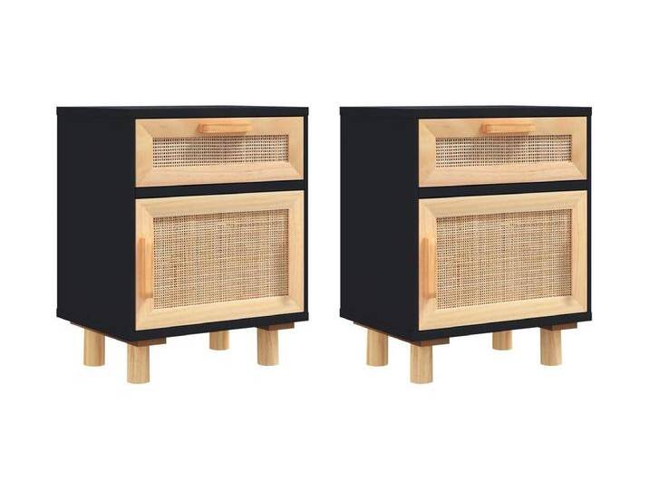 Adrian Nachttische 2 Stk. Schwarz Massivholz Kiefer und Natur-Rattan von Kauf-Unique Marketplace