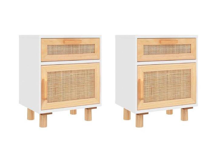 Adrian Nachttische 2 Stk. Weiß Massivholz Kiefer und Natur-Rattan von Kauf-Unique Marketplace