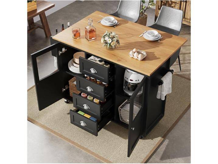 Ausziehbare Mittelinsel - 137,9 x 45/73 x 93 cm - Rollwagen + 2 Türen + 4 Schubladen - MDF + Metall - Schwarz von Kauf-Unique Marketplace