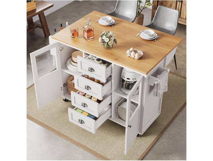 Ausziehbare Mittelinsel – 137,9 x 45/73 x 93 cm – Rollwagen + 2 Türen + 4 Schubladen – MDF + Metall – weiß von Kauf-Unique Marketplace