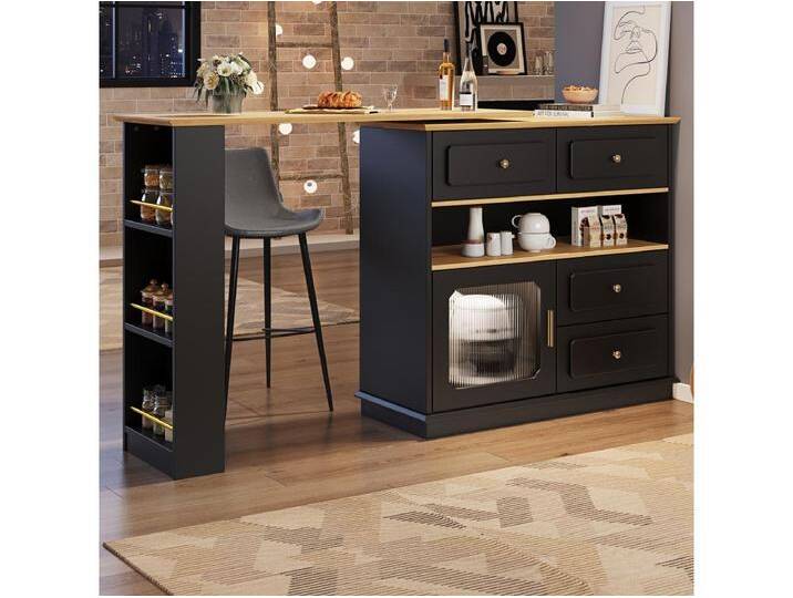 Ausziehbarer, drehbarer Barschrank – 181 x 39 x 104,5 cm – mit Einlegeböden + 1 Glastür + 4 Schubladen – MDF – Schwarz von Kauf-Unique Marketplace