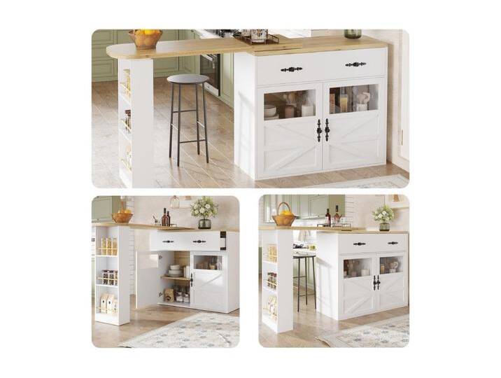 Ausziehbarer Barschrank - 138-204 x 39 x 104 cm - 360° drehbarer Esstisch - mit 2 Türen + 1 Schublade - MDF - Weiß von Kauf-Unique Marketplace