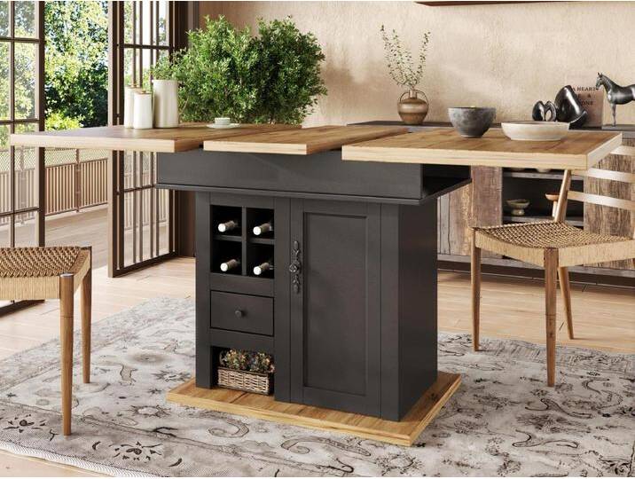 Ausziehbarer Esstisch 110-140×80 cm - für 4-6 Personen - mit 1 Tür und 1 Schublade - mit Weinregal - schwarz von Kauf-Unique Marketplace