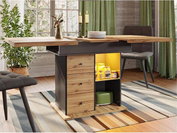 Ausziehbarer Esstisch 110-140×80cm - mit LED-Beleuchtung - 4-6 Personen - 1 Tür und 2 Schubladen - Schwarz + Natur Ausziehbarer Esstisch 110-140×80cm - mit LED-Beleuchtung - 4-6 Personen - 1 Tür und 2 Schubladen - Schwarz + Natur von Kauf-Unique Marketplace
