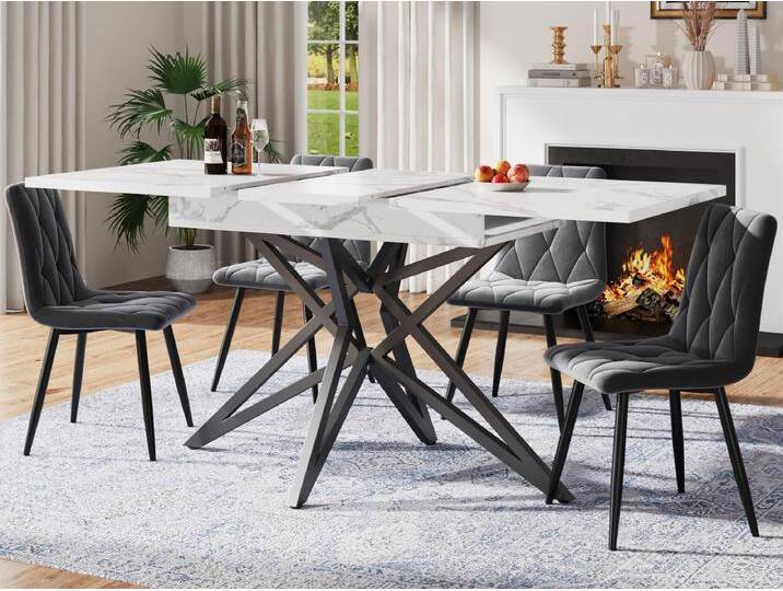 Ausziehbarer Esstisch 160x80x66 cm - 6 Personen - Tischbeine in Sternform - Tischplatte Marmor-Imitat - Weiß von Kauf-Unique Marketplace