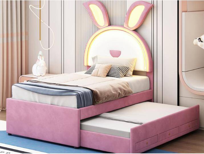 Ausziehbares Bett 90 x 200 cm für Kinder aus Samt – 3 Schubladen – LEDs – rosa Farbe Ausziehbares Bett 90 x 200 cm für Kinder aus Samt – 3 Schubladen – LEDs – rosa Farbe von Kauf-Unique Marketplace