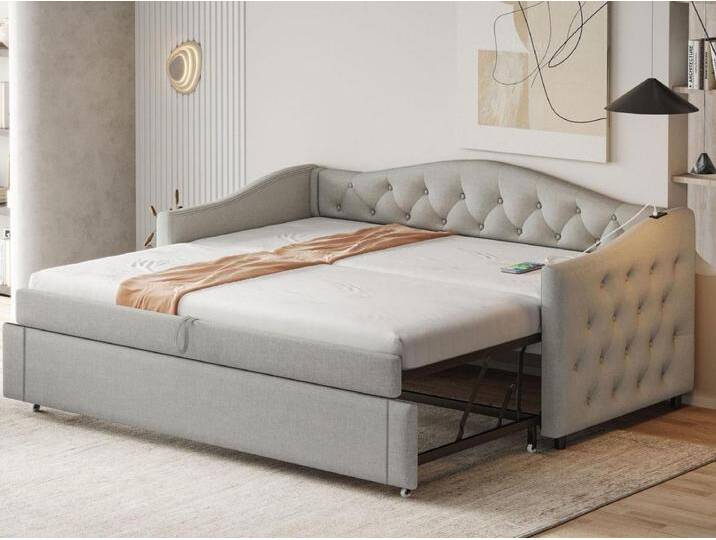 Ausziehbares Leinenbett 90 x 200 cm und 90 x 190 cm – mit USB-Anschluss und Lattenrost – Grau von Kauf-Unique Marketplace
