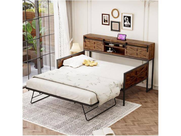 Ausziehbares Schlafsofa - 90 x 200 cm + 90 x 190 cm - mit Stauraum und Steckdosen - Holz + Metall - schwarz von Kauf-Unique Marketplace