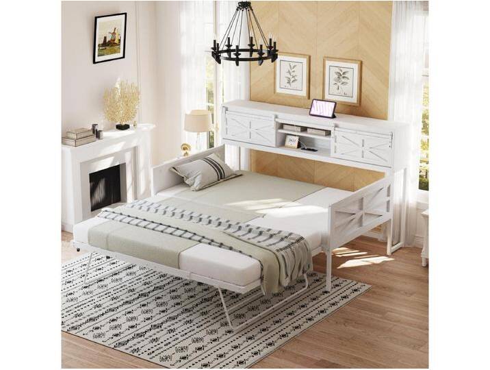 Ausziehbares Schlafsofa - 90 x 200 cm + 90 x 190 cm - mit Stauraum und Steckdosen - Holz + Metall - weiß von Kauf-Unique Marketplace