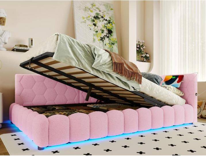 Ausziehbares Sofabett 140x200 cm - mit LED-Beleuchtung - mit USB + Type-C - rosa (ohne Matratze) von Kauf-Unique Marketplace