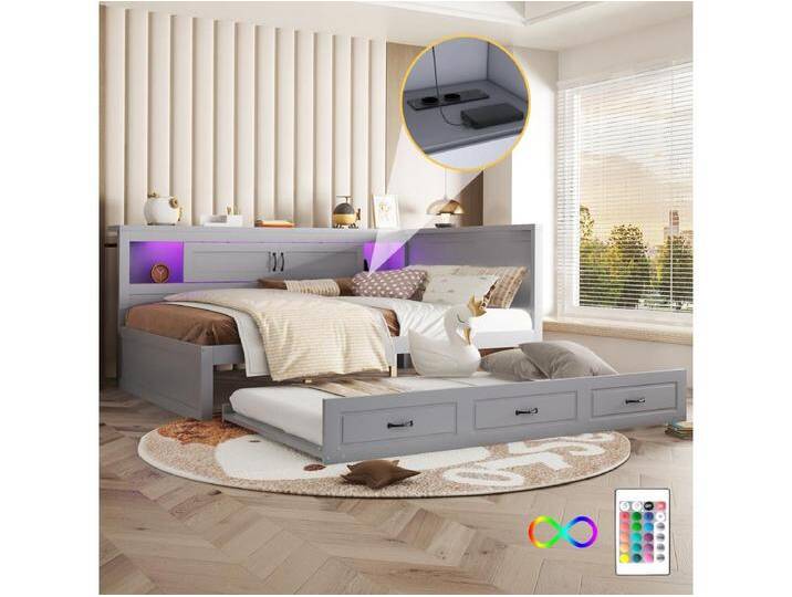 Ausziehbett 140 x 200 cm + 90 x 190 cm mit 2 Schiebetüren und USB-Steckdosen - LEDs - Spanplatte + MDF - Grau (ohne Matratze) von Kauf-Unique Marketplace