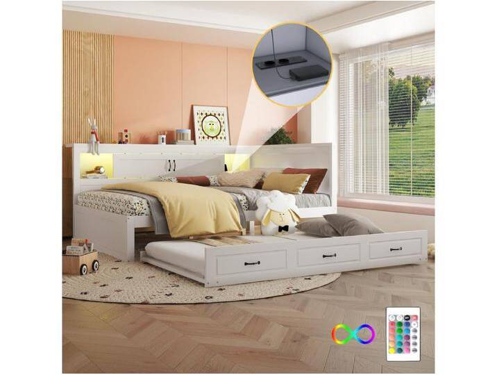 Ausziehbett 140 x 200 cm + 90 x 190 cm mit 2 Schiebetüren und USB-Steckdosen - LEDs - Spanplatte + MDF - Weiß (ohne Matratze) von Kauf-Unique Marketplace