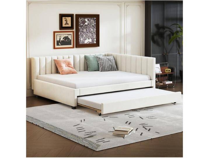 Ausziehbett 140 x 200 cm + 90 x 190 cm mit Kopfteil - Samtstoff - mit Lattenrost - Beige von Kauf-Unique Marketplace