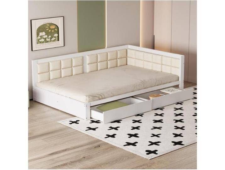 Ausziehbett 140 x 200 cm – Schlafsofa aus Massivholz – große gepolsterte Rückenlehne mit 2 Schubladen, Lattenrost, Bett für Erwachsene – Weiß von Kauf-Unique Marketplace