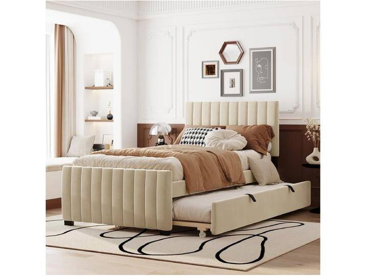 Ausziehbett 2 x 90 x 190 cm mit Kopfteil - Samt - für Kinder - Lattenrost inklusive - Beige Ausziehbett 2 x 90 x 190 cm mit Kopfteil - Samt - für Kinder - Lattenrost inklusive - Beige von Kauf-Unique Marketplace