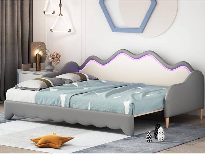 Ausziehbett 90/180 x 190 cm für Kinder – Schlafsofa – PU-Leder – LEDs – Grau von Kauf-Unique Marketplace