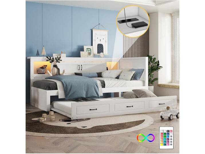 Ausziehbett 90 x 200 cm + 90 x 190 cm mit 2 Schiebetüren und USB-Steckdosen - LEDs - Spanplatte + MDF - Weiß (ohne Matratze) von Kauf-Unique Marketplace