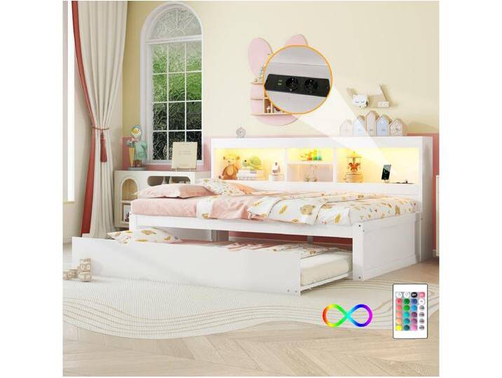 Ausziehbett 90 x 200 cm + 90 x 190 cm mit Fächern und USB-Buchsen - LEDs - Spanplatte + MDF - Weiß (ohne Matratze) von Kauf-Unique Marketplace