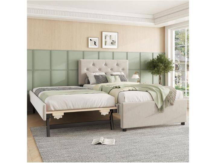Ausziehbett 90 x 200 cm - Kinderbett mit Ausziehbett und Lattenrost - Samt beige - ohne Matratze von Kauf-Unique Marketplace