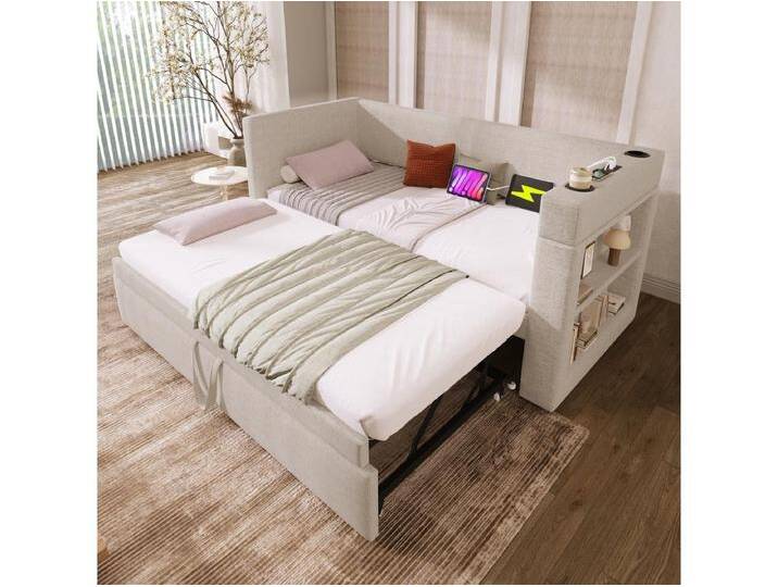Ausziehbett 90x190 cm - Himmelbett mit USB-Ladefunktion und 2 Getränkehaltern - offener stauraum - beiges von Kauf-Unique Marketplace
