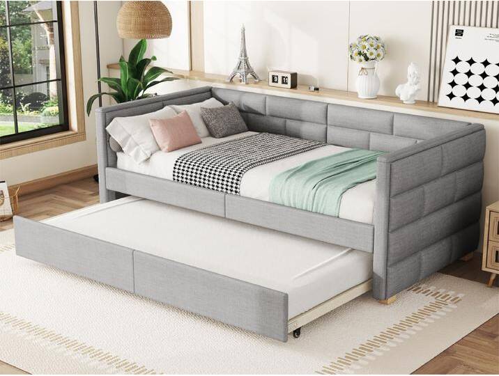 Bankettbett mit Ausziehbett 90 x 190/200 cm – aus Leinenstoff – Grau von Kauf-Unique Marketplace