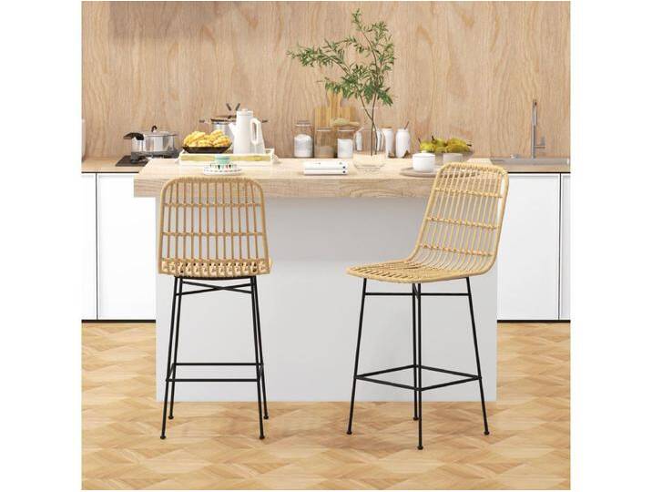 Barhocker 2er-Set, Boho-Stil aus Rattan mit Rückenlehne, Stahl, Natur & Schwarz von Kauf-Unique Marketplace