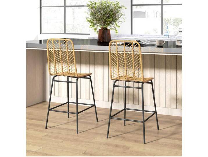 Barhocker 2er-Set, mit Lehne im Boho-Design, PE-Rattan, inkl. Fußstütze, Gelb + Schwarz von Kauf-Unique Marketplace